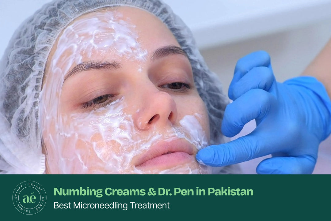 Numbing cream and Dr. Pen microneedling device for pain-free skincare treatments in Pakistan – available at skinae.pk