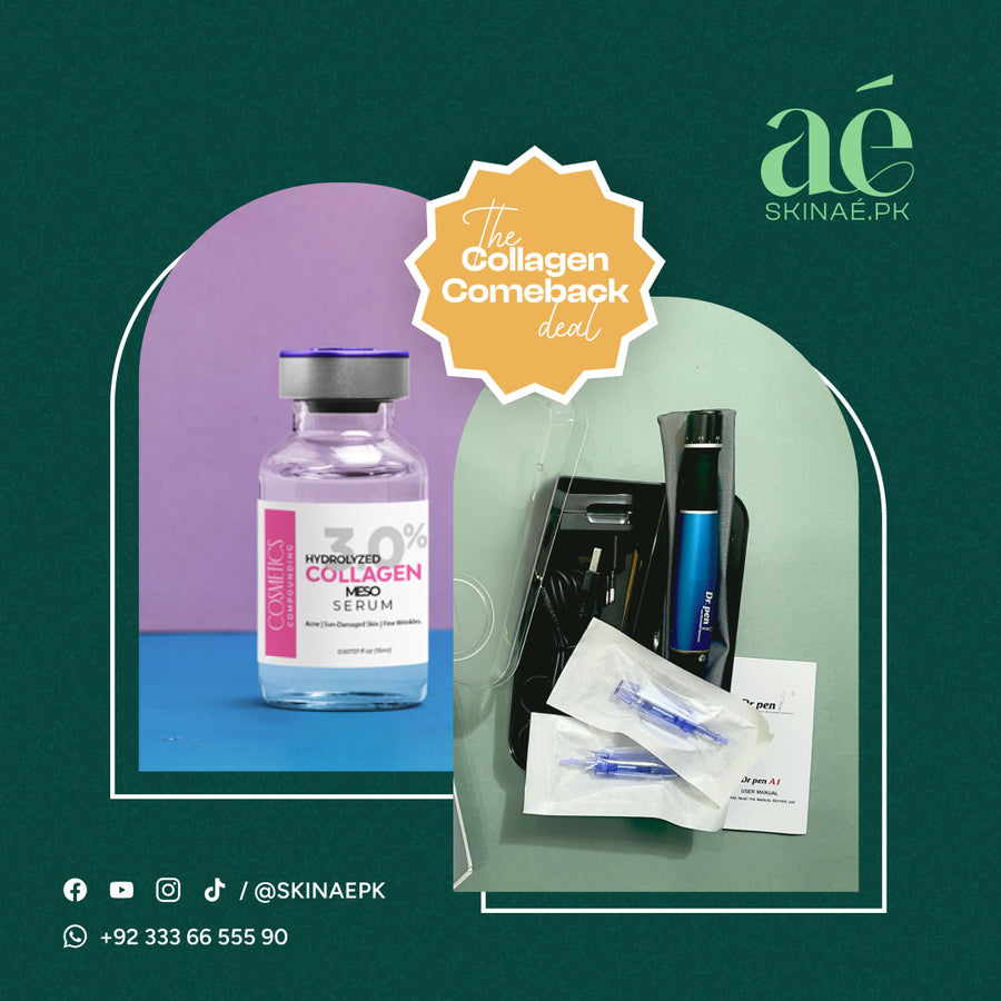 Promotional image for 'The Collagen Comeback Deal' by SKINAÉ.PK. The image features a bottle of 30% Hydrolyzed Collagen Meso Serum designed to target acne, sun-damaged skin, and fine wrinkles. Alongside, a microneedling derma pen kit with replaceable needle cartridges is displayed. The background is deep green, with the SKINAÉ.PK logo at the top and social media handles at the bottom, including WhatsApp contact information.