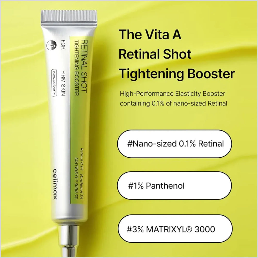 Vita A Retinal Shot Tightening Booster with product details on a yellow background