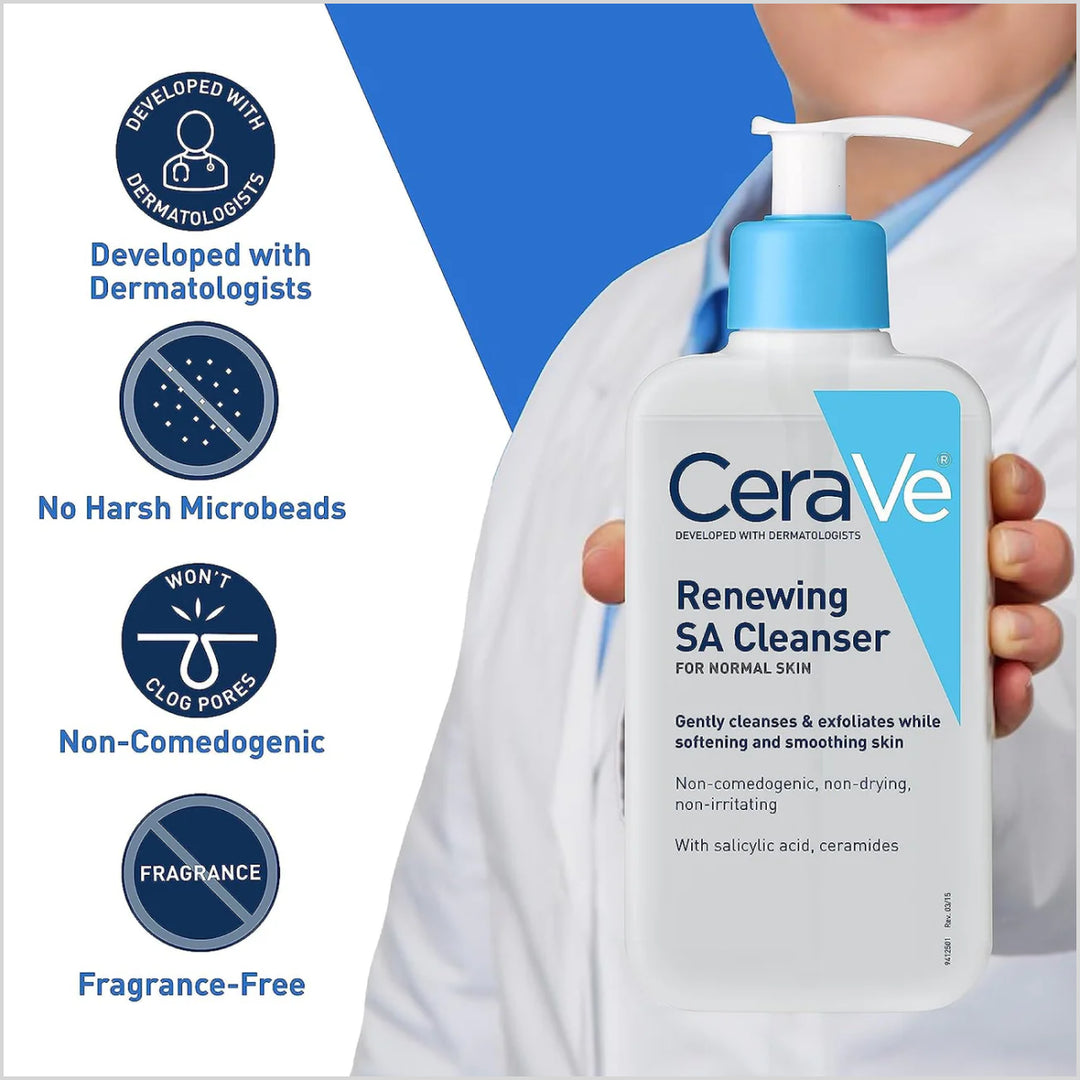 CeraVe Renewing SA Cleanser 237ml & 355ml properties - made in USA - Skinae