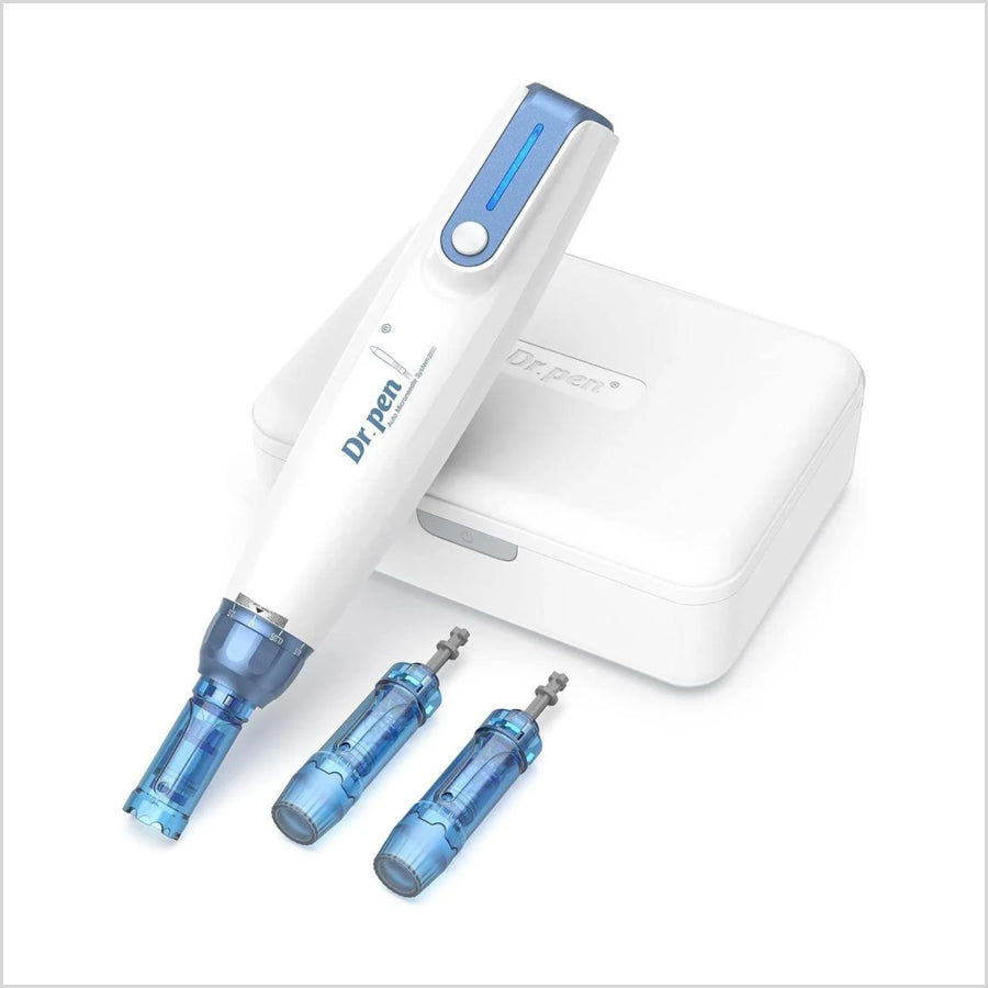 A Dr.pen A9 pen device shown with two blue needle cartridges and a white charging case on a clean white background available in Pakistan.