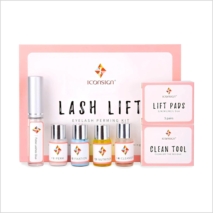 Iconsight lash lift eyelash perming kit with various bottles and a box on a white background
