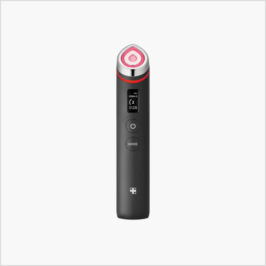 Black electronic device with red accents on a white background