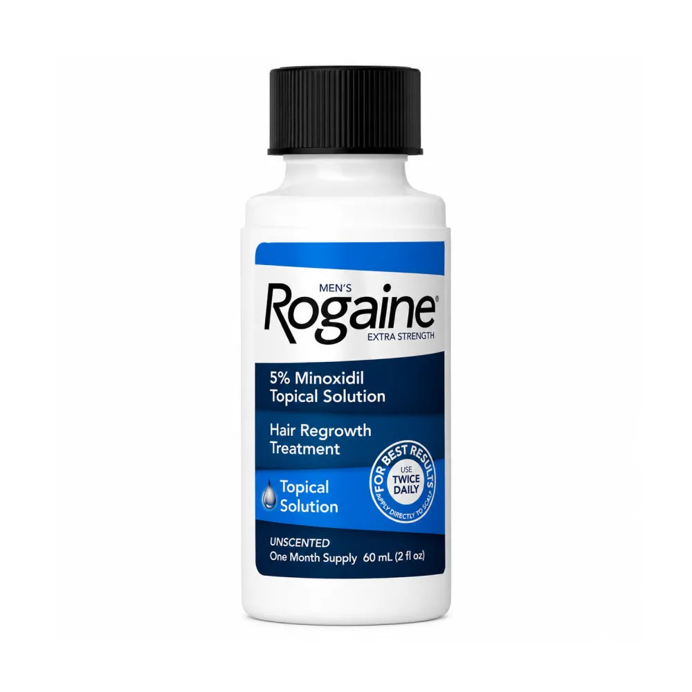 A single bottle of Rogaine Men's Extra Strength 5% Minoxidil Topical Solution with a black cap and blue/white label, available at Skinae.pk in Pakistan