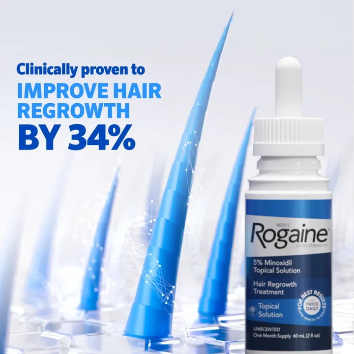 Rogaine bottle with blue hair regrowth solution dropper on a light blue background