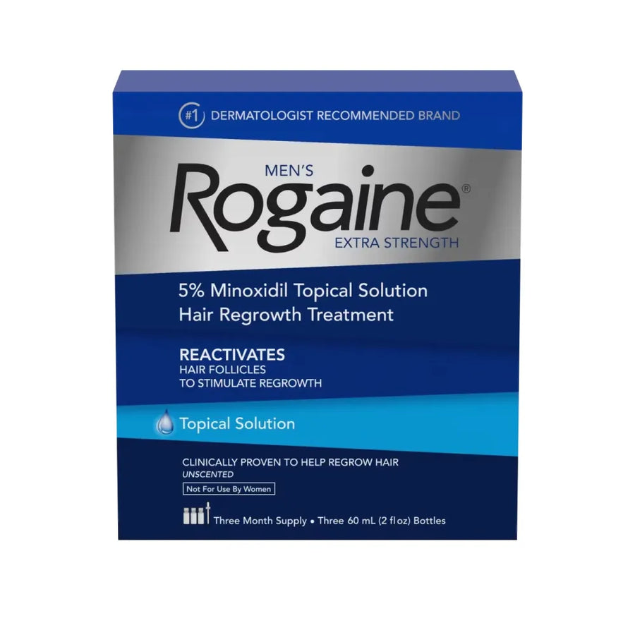 A box of Rogaine Men's Extra Strength 5% Minoxidil Topical Solution for hair regrowth, shown on a plain white background, available at Skinae.pk in Pakistan