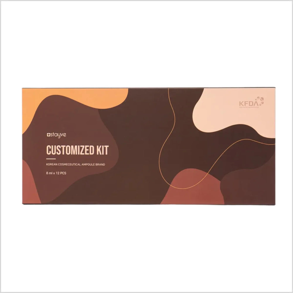 Customized kit packaging with abstract design on a white background