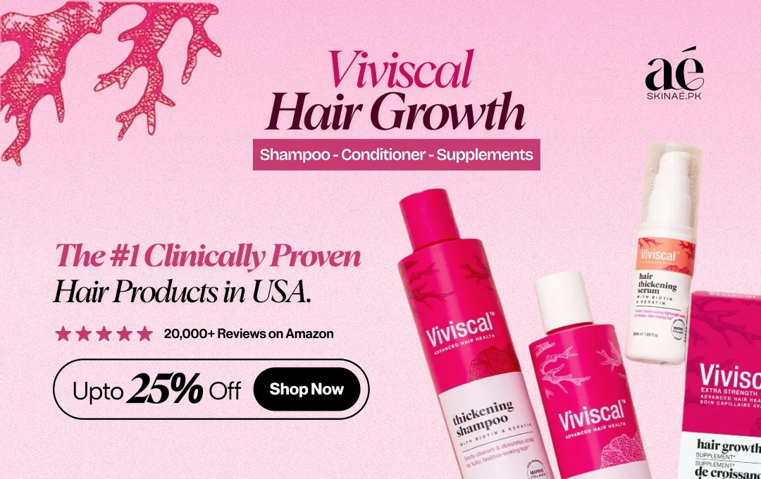 Viviscal hair growth products on a pink background with promotional text.