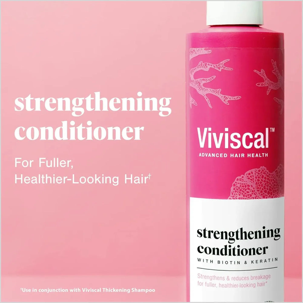 Viviscal strengthening conditioner bottle on a pink background